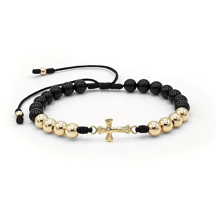 Pulsera Cruz Cristo Piedra Ónix Oro Laminado 18k