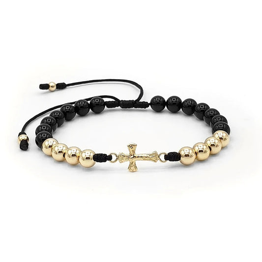Pulsera Cruz Cristo Piedra Ónix Oro Laminado 18k