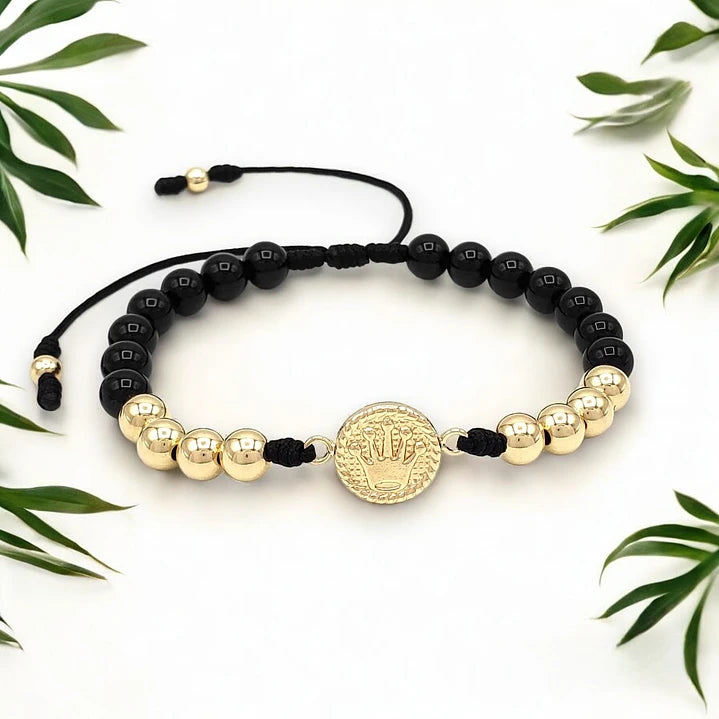 Pulsera Corona Piedra Ónix Oro Laminado 18K