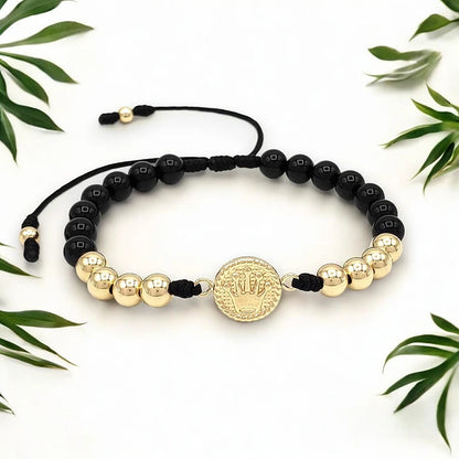 Pulsera Corona Piedra Ónix Oro Laminado 18K